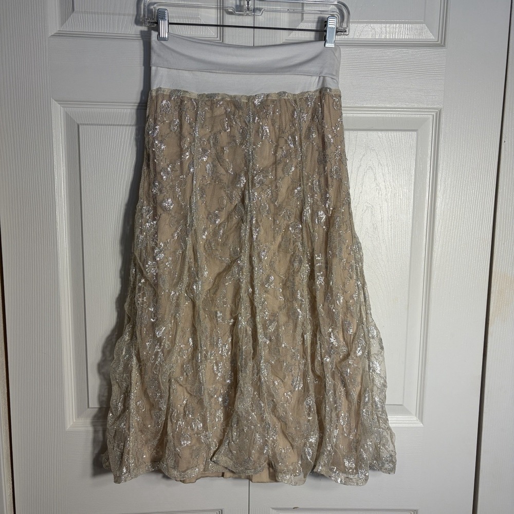Vintage Surrealist Nude Mesh Skirt Women 2 Metallic Silver Y2K Lined Fairycore